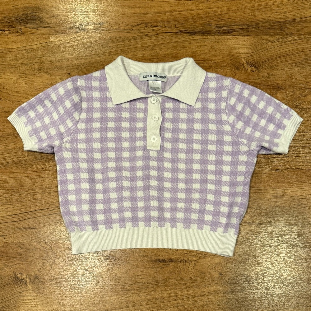 Cotton Emporium Purple White Checked Cropped Sweater, Women's, Small